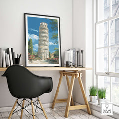 Pisa Italy Leaning Tower of Pisa Print - Iconic Italian Landmark Poster displayed in a modern office setting.