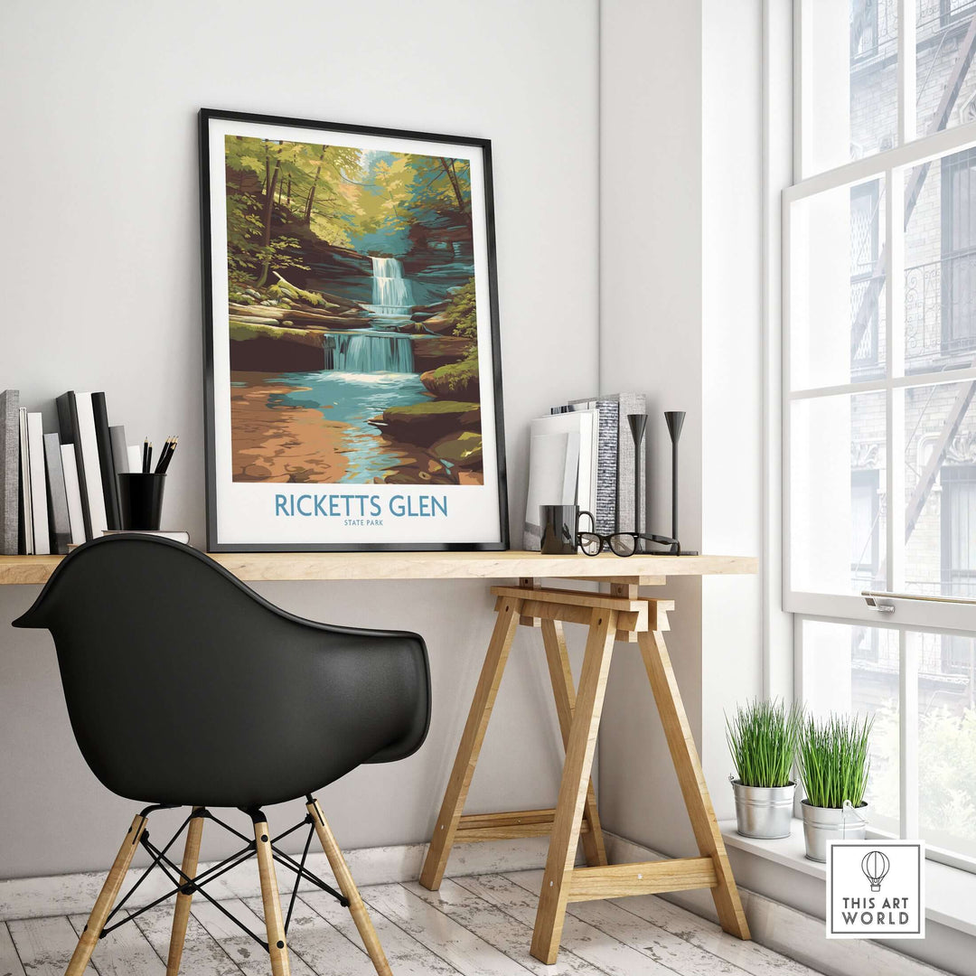Ricketts Glen State Park waterfall poster in a modern home office, showcasing Pennsylvania nature decor.