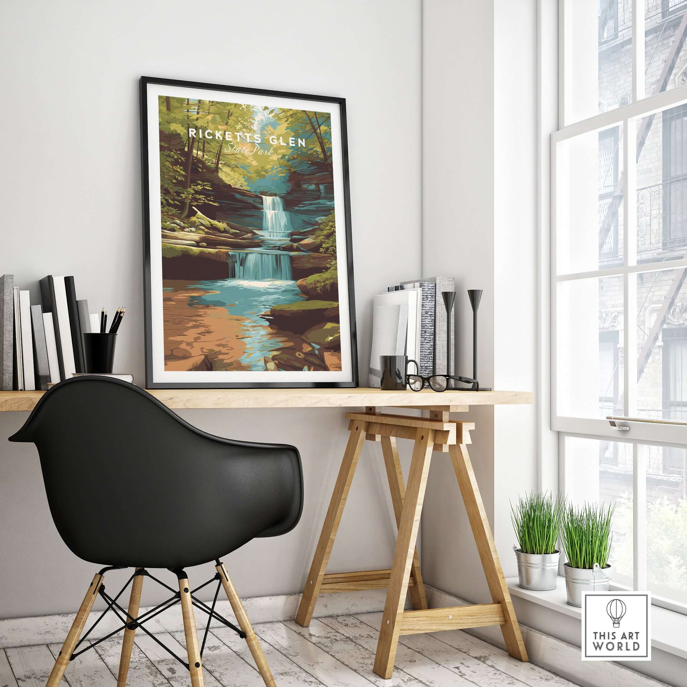 Ricketts Glen State Park Pennsylvania Waterfall Landscape Print - Scenic State Park Wall Art displayed in a modern workspace.