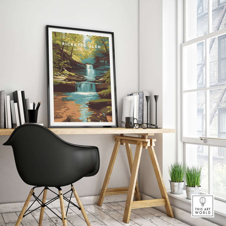 Ricketts Glen State Park waterfall landscape print in modern office decor, showcasing serene nature art.
