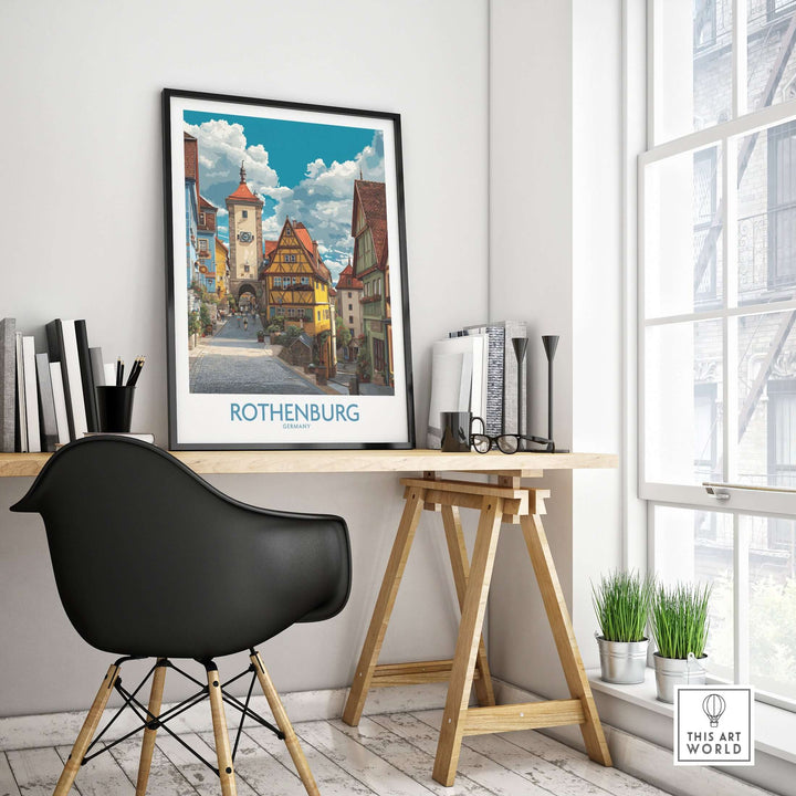 Rothenburg wall art print displayed in a modern home office, showcasing medieval architecture and charming streets.