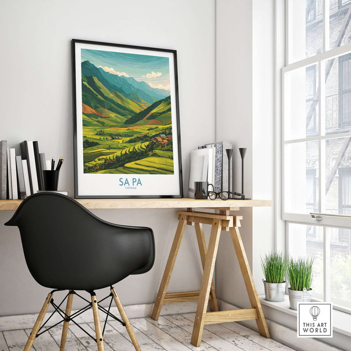 Sa Pa Vietnam rice terrace village poster displayed in a stylish home office setting with a modern chair and decor.