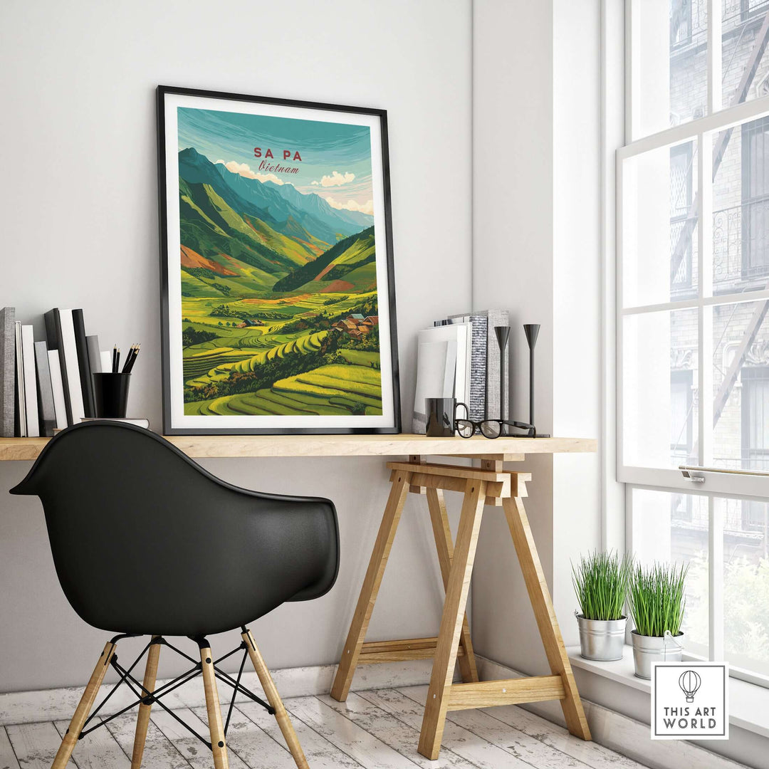 Sa Pa Vietnam poster showcasing vibrant rice terraces and lush green mountains, perfect for tranquil home decor.