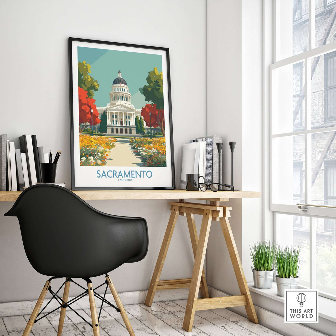 Sacramento Capitol poster framed in a stylish office, showcasing vibrant cityscape and historic architecture.