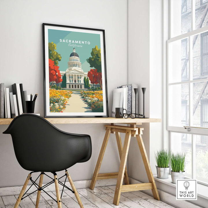 Sacramento California State Capitol Building print displayed in modern home office decor, featuring colorful landscaping.