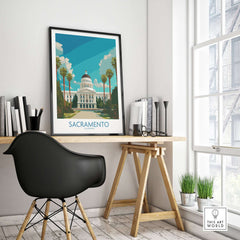 Sacramento Poster - California State Capitol Wall Art displayed in a stylish workspace with a black chair.