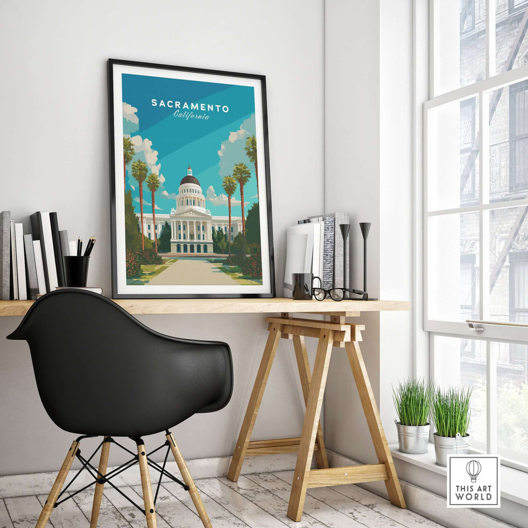 Sacramento Capitol Building poster in a modern workspace, showcasing California travel art and elegance.