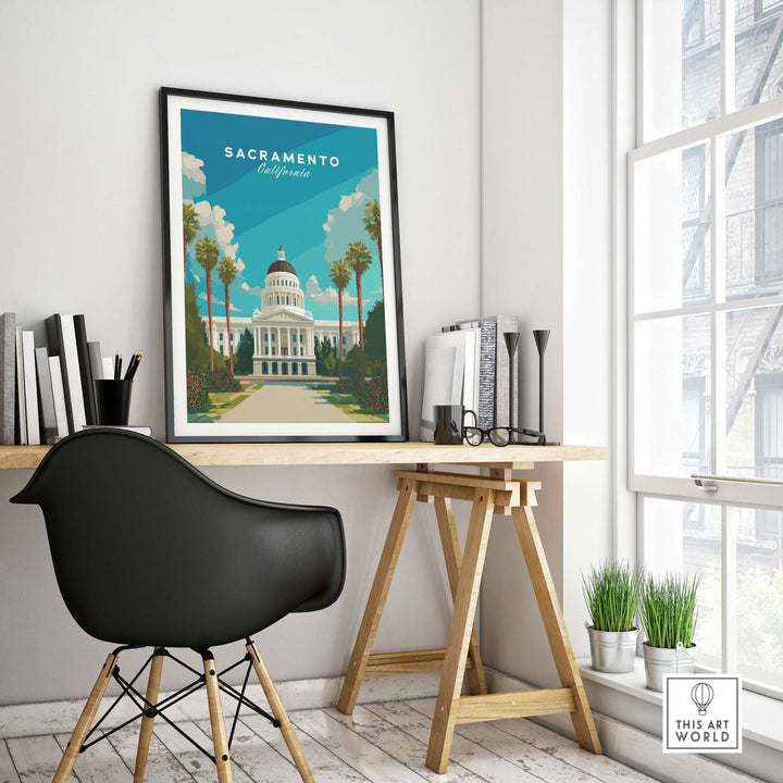 Sacramento Capitol Building poster in a modern workspace, showcasing California travel art and elegance.
