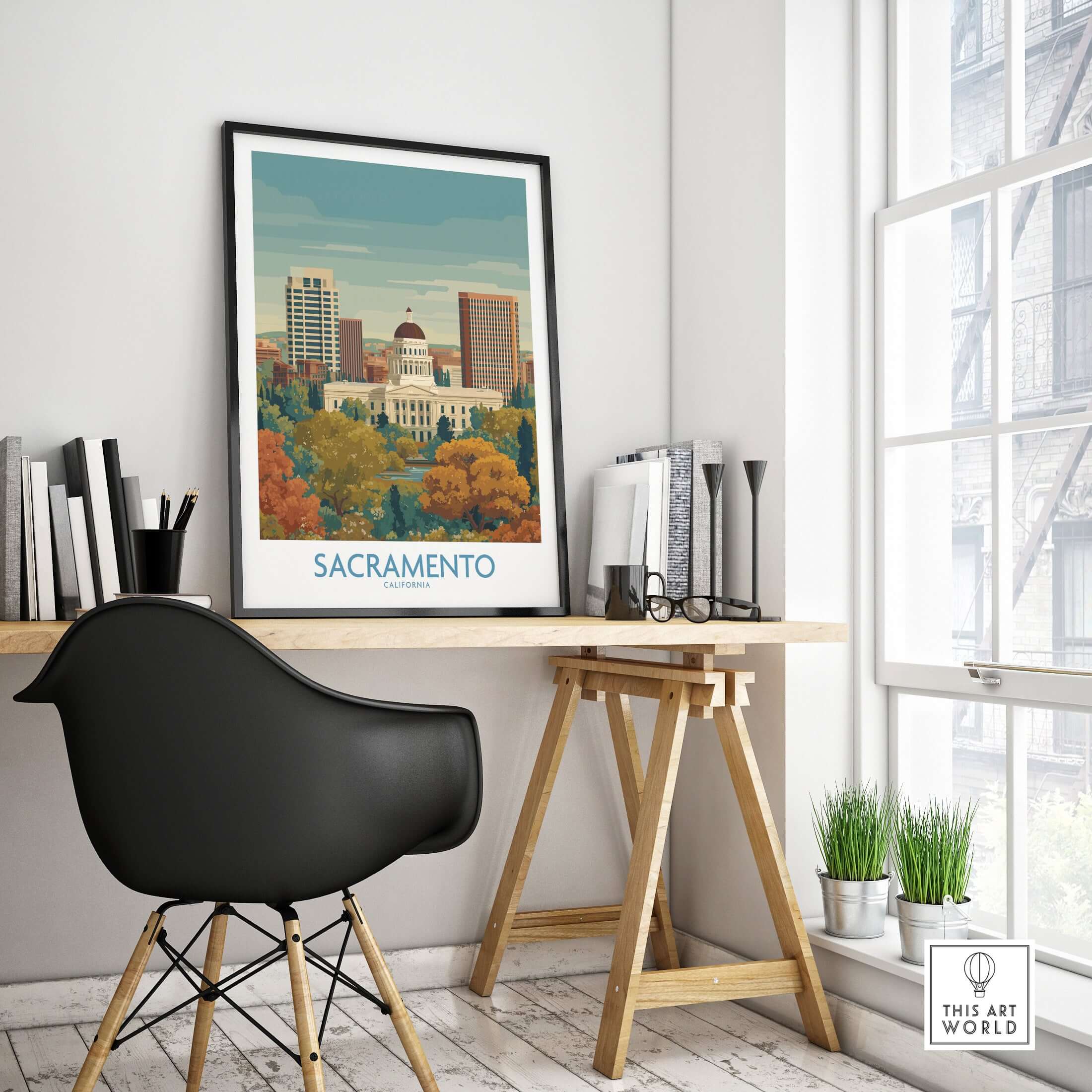 Sacramento California Poster - California Capital Print displayed in a modern workspace with city skyline view.