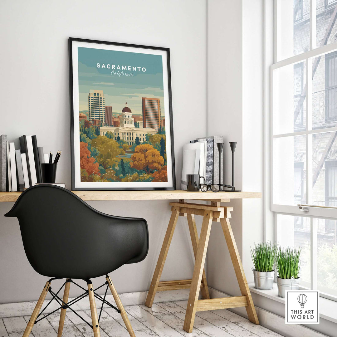 Sacramento California skyline print featuring the Capitol, urban landscape wall art in stylish home office setting.