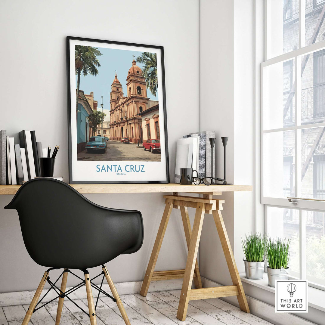 Santa Cruz Bolivia Art Print | Historic City Poster displayed in a modern home office setting with stylish furniture.