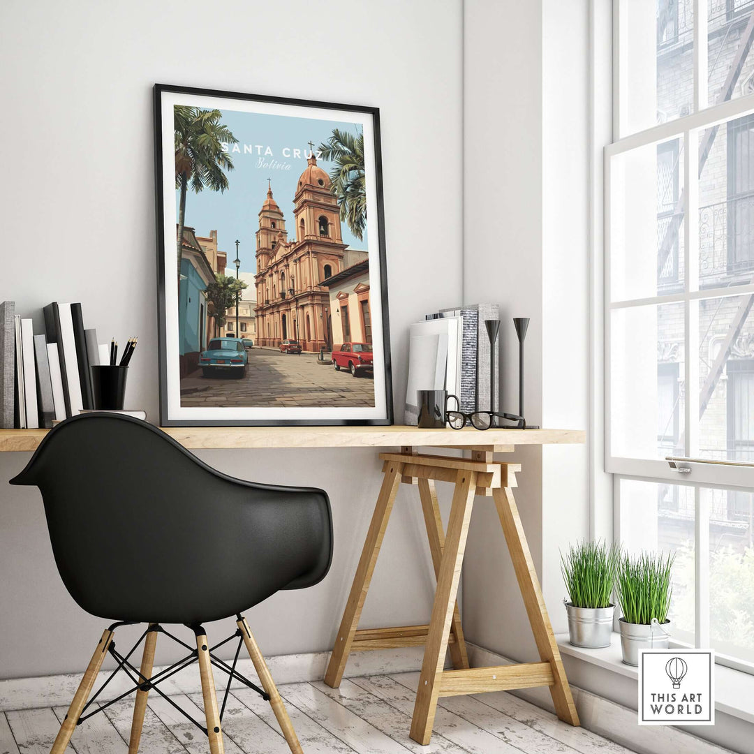 Santa Cruz South America Print | Bolivian Urban Wall Decor displayed in a modern workspace, highlighting vibrant cityscape.