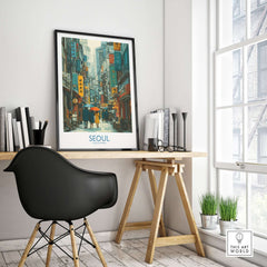Seoul Poster South Korea - Vibrant City Life Art Print displayed in a modern workspace, enhancing urban decor.
