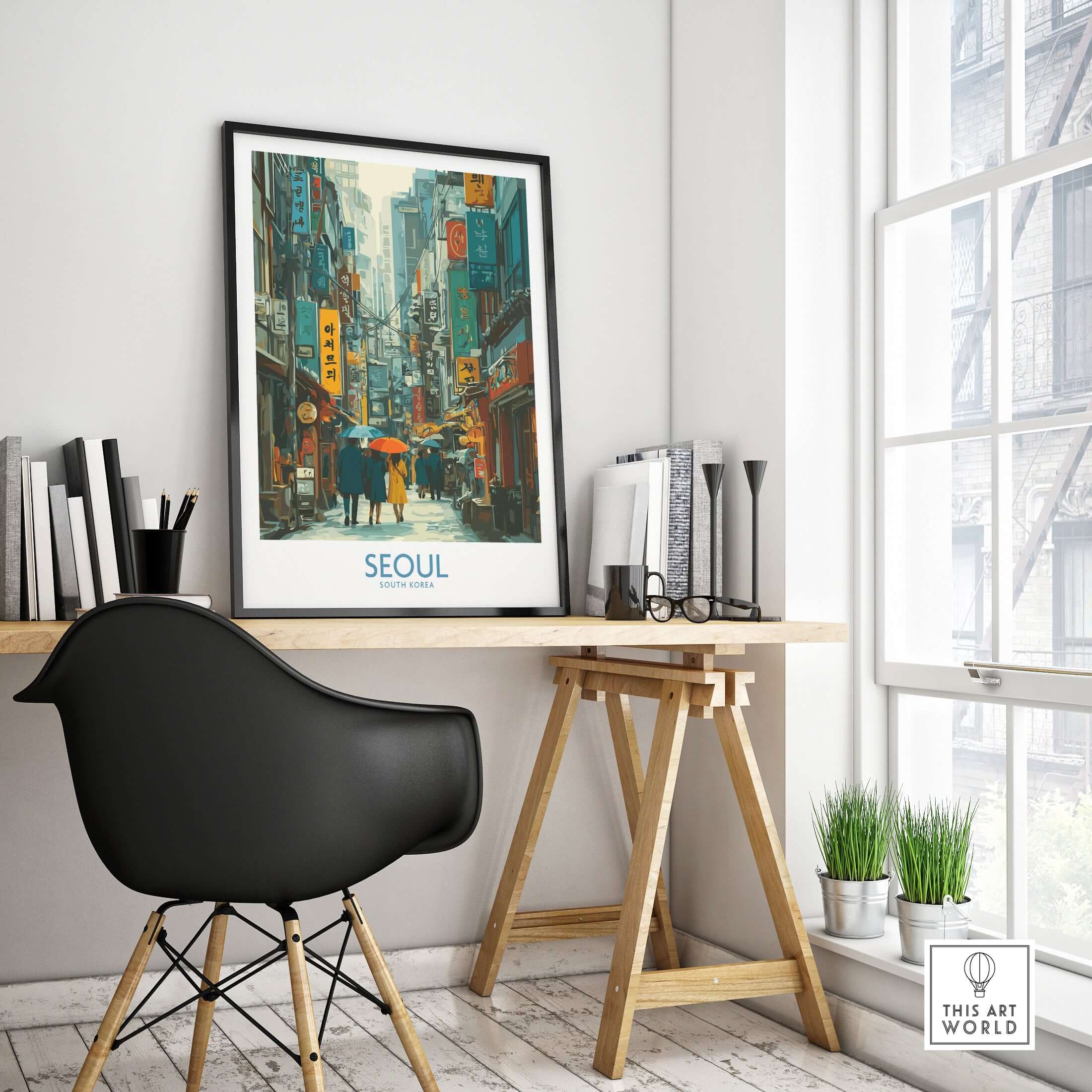 Seoul Poster South Korea - Vibrant City Life Art Print displayed in a modern workspace, enhancing urban decor.