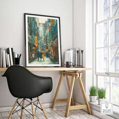Seoul Print South Korea Busy Street - Urban Cityscape Wall Art displayed in a modern office setting with a desk and chair.