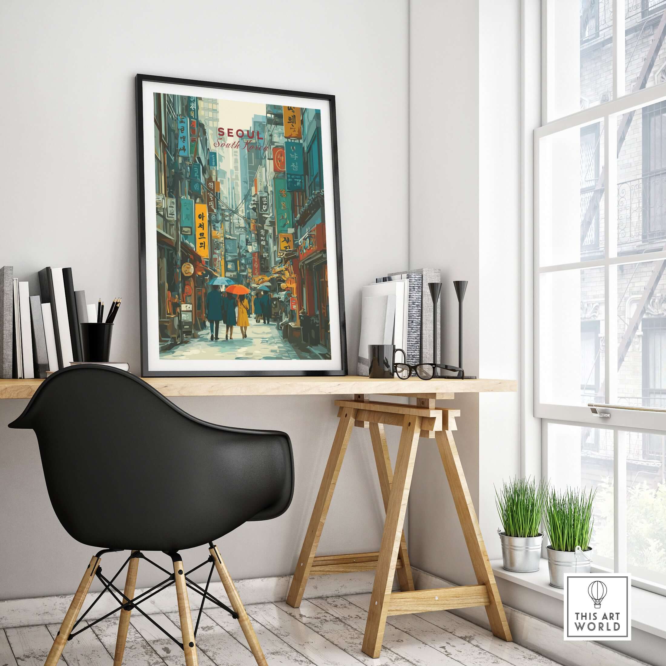 Seoul Print South Korea Busy Street - Urban Cityscape Wall Art displayed in a modern office setting with a desk and chair.