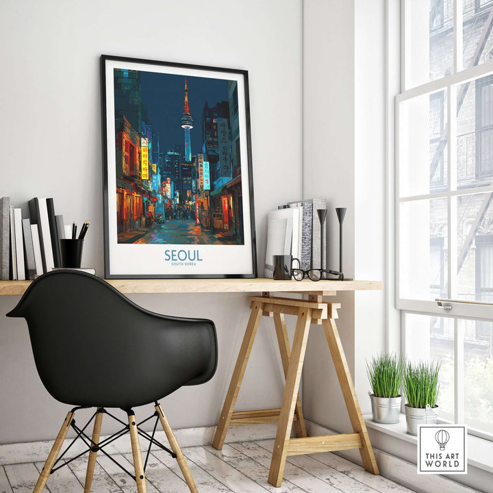Seoul South Korea wall art depicting a vibrant cityscape print in a modern home office setting.