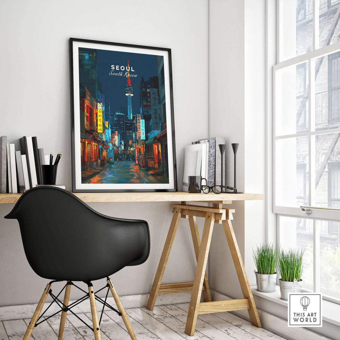 Seoul South Korea poster featuring N Seoul Tower, displayed in a modern workspace with artistic decor.