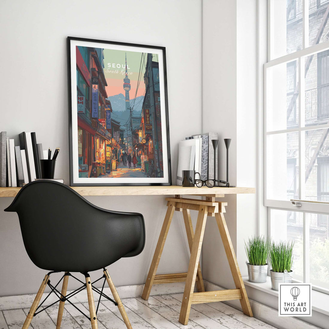 N Seoul Print showcasing traditional streets of Seoul, South Korea, displayed in a modern desk setting.