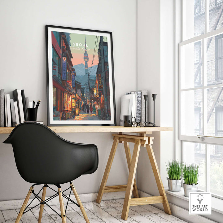 N Seoul Print showcasing traditional streets of Seoul, South Korea, displayed in a modern desk setting.