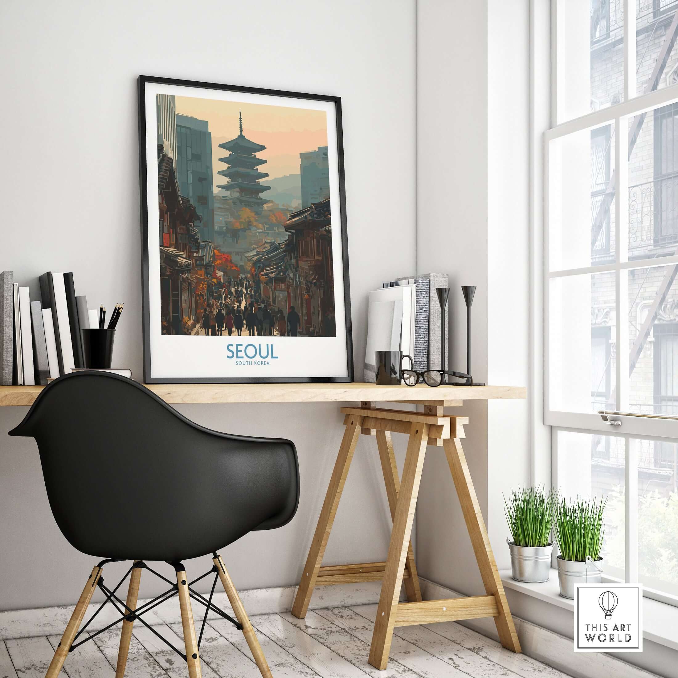 Seoul South Korea Old Town Skyline Wall Art showcased in a modern workspace, highlighting historic architecture.