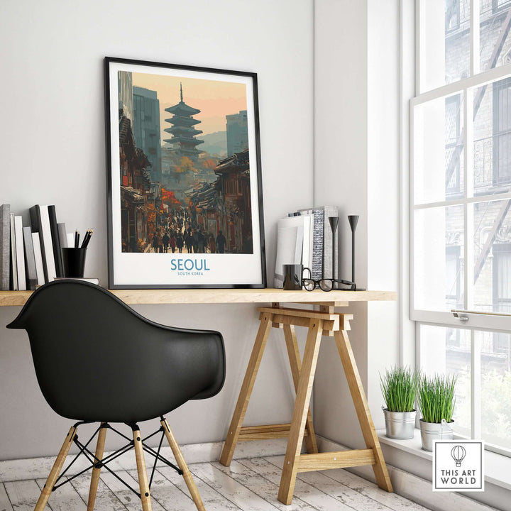 Seoul South Korea Old Town skyline wall art framed in a stylish room with a wooden desk and modern chair.
