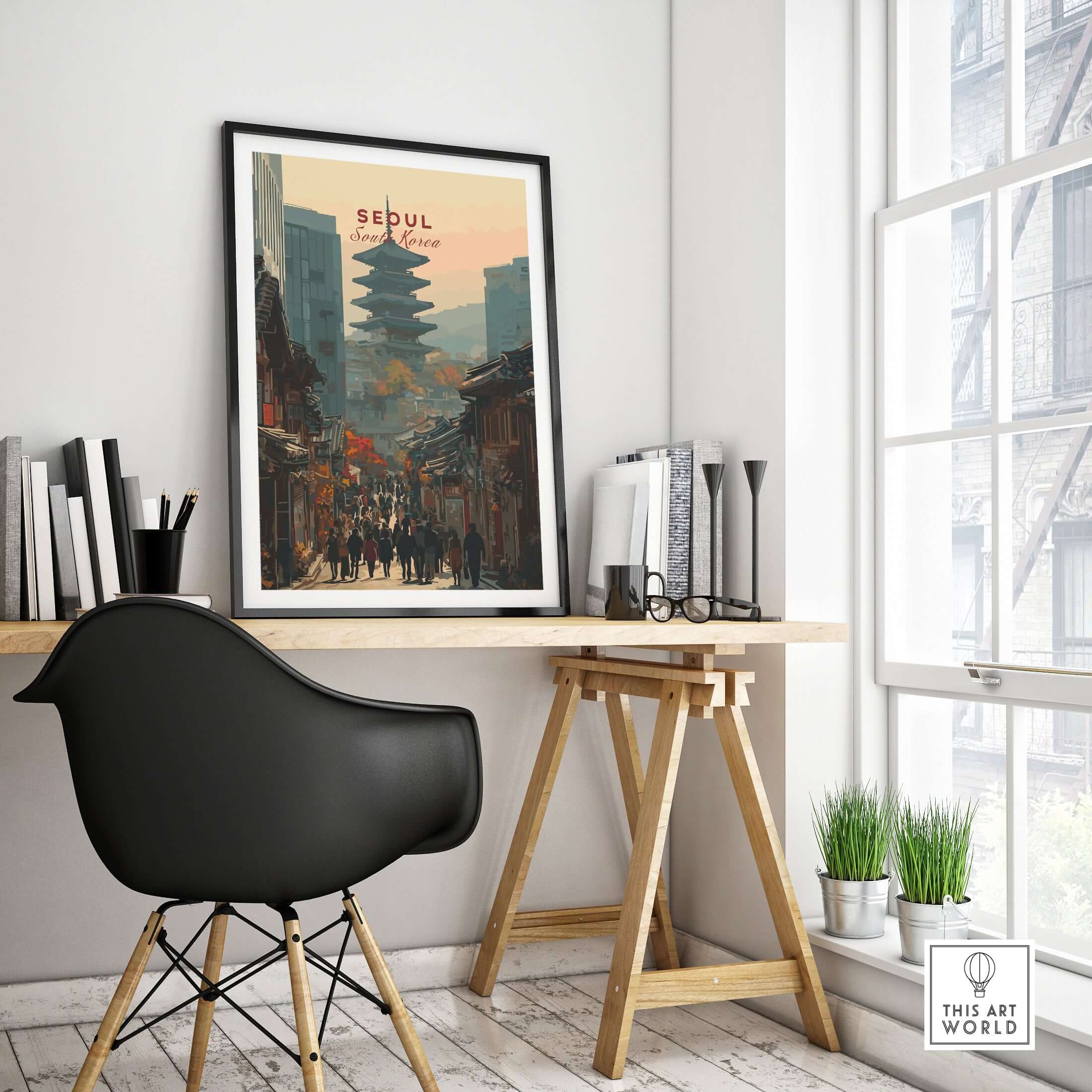 Seoul South Korea Poster - Historic City Landmark Print displayed in a stylish home office setting.