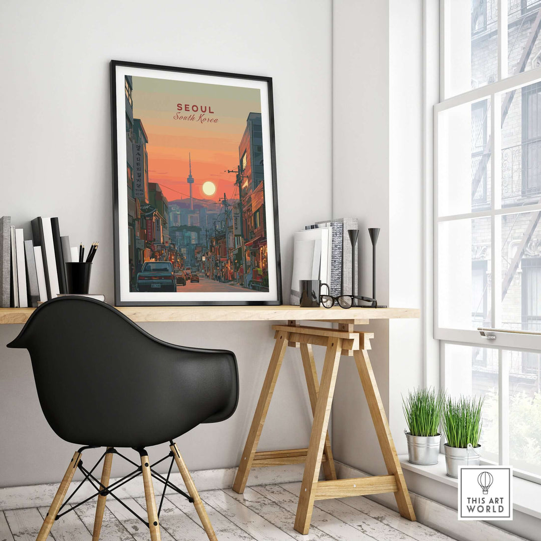 Seoul South Korea city sunset print featuring N Seoul Tower skyline on a wall in a chic room decor.