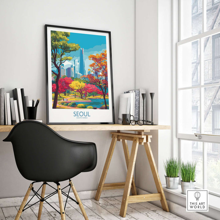 Seoul South Korea City Park skyline poster displayed in a modern home office with greenery and stylish decor.