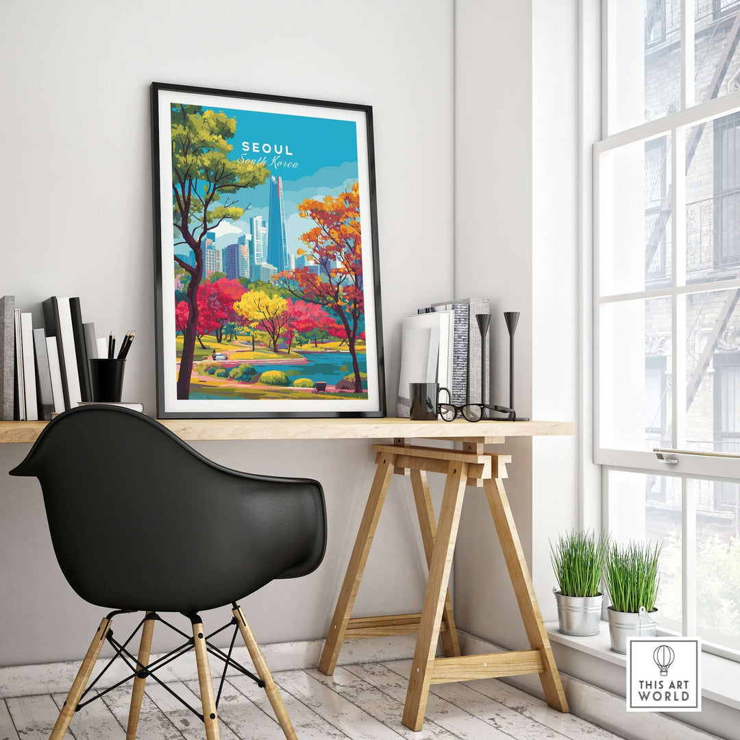 Seoul Lotte World Tower Park print displayed in a stylish office with vibrant autumn colors.