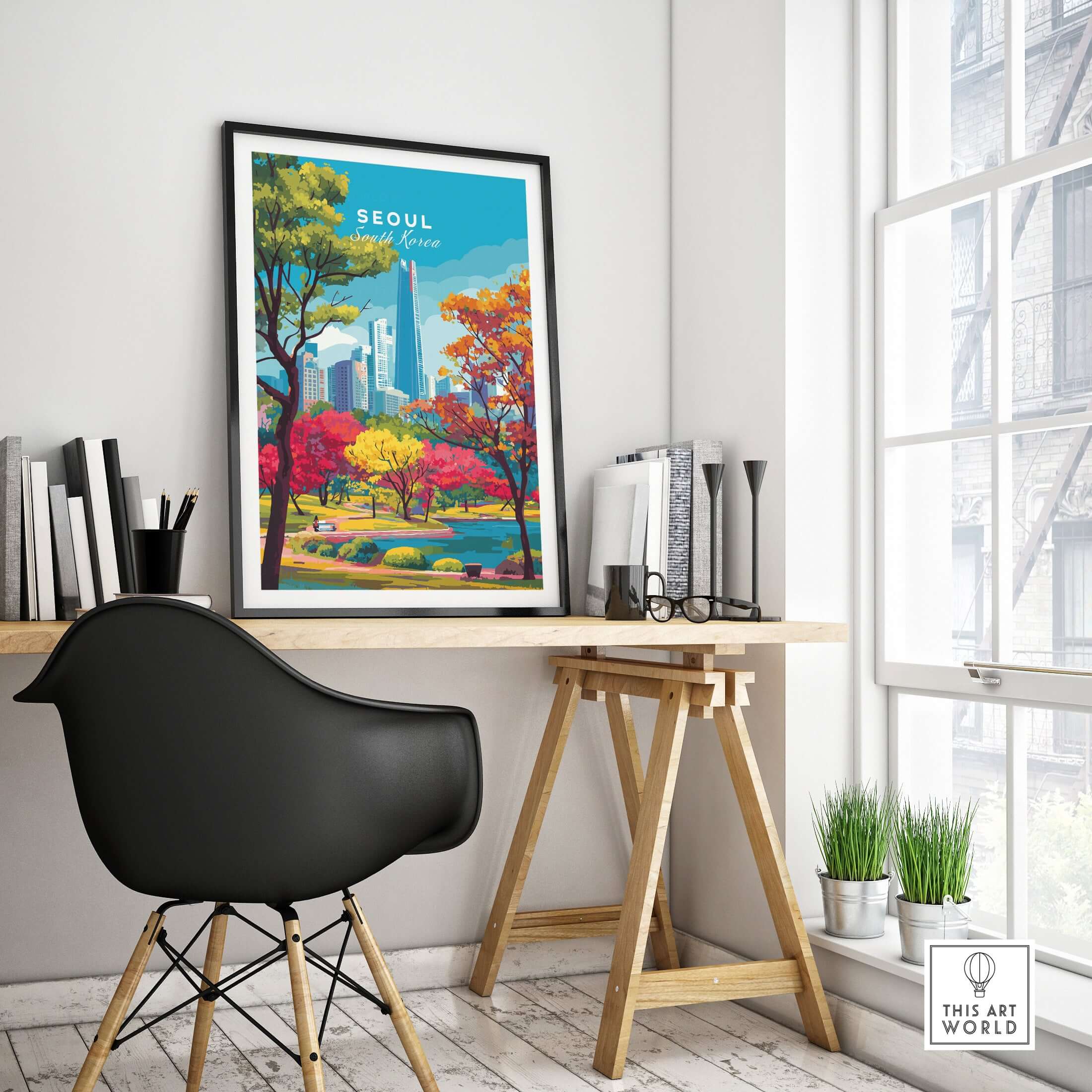 Seoul South Korea Lotte World Tower Park Print displayed in a modern workspace, showcasing vibrant park colors and skyline.