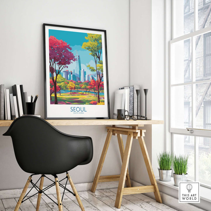 Seoul Wall Art print displayed in a stylish office, showcasing vibrant fall foliage and the city skyline.