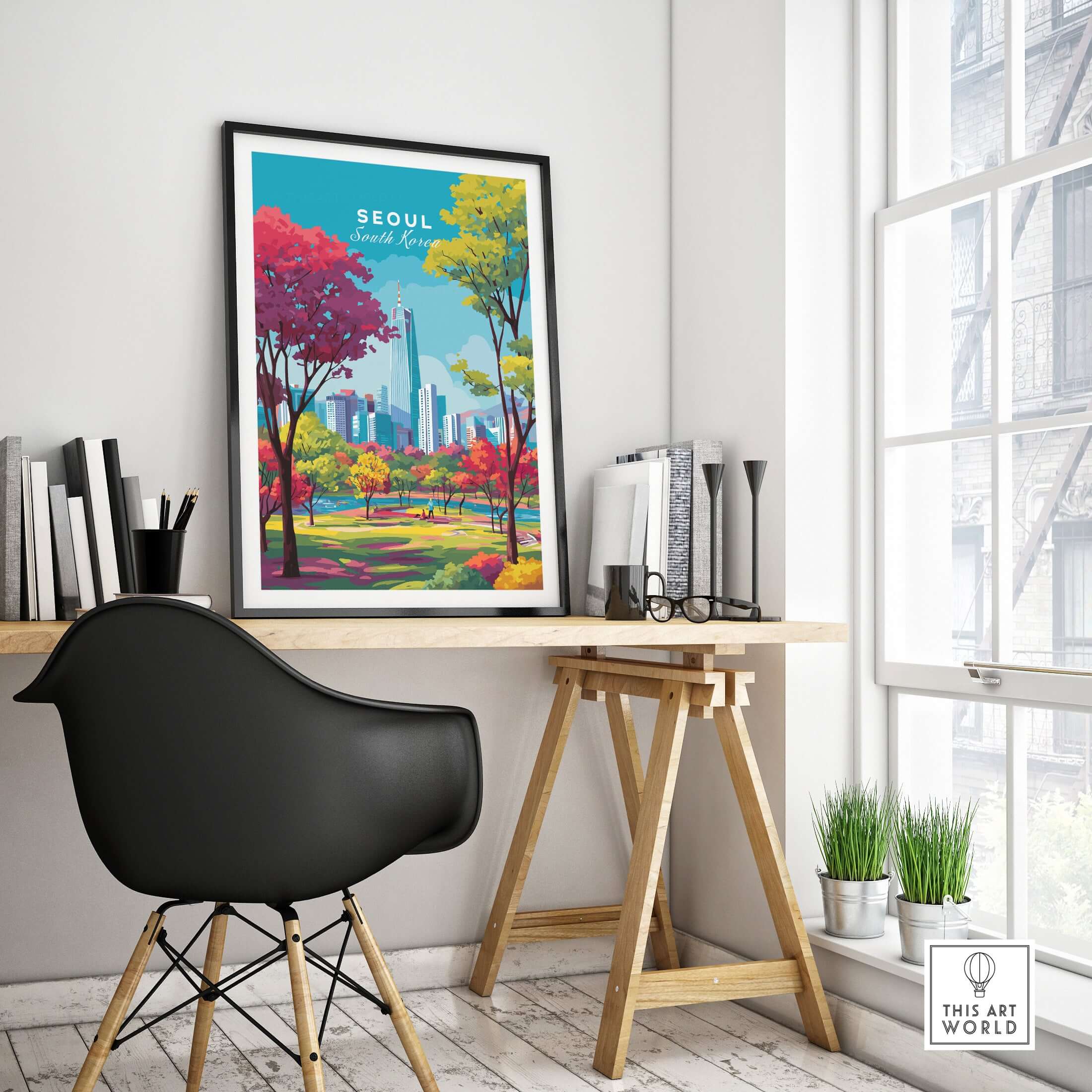 Seoul South Korea Poster - Vibrant Cityscape Print displayed in a stylish office setting with colorful trees.