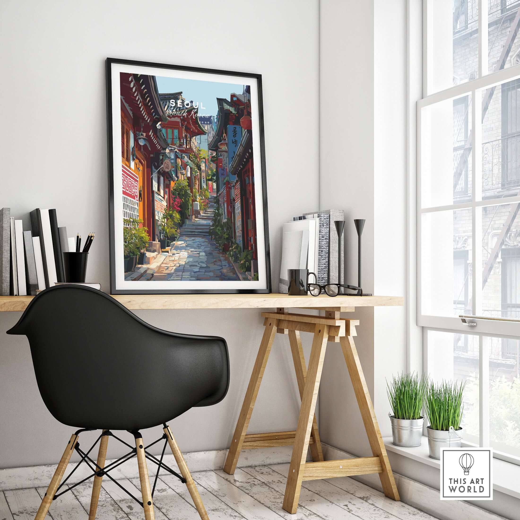 Seoul South Korea Print - Historic Korean Street Wall Art displaying vibrant traditional architecture in a stylish interior.