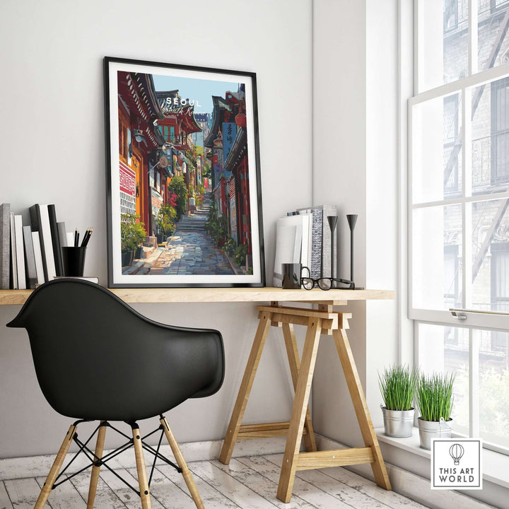 Historic Korean street print in a modern office setting, highlighting Seoul's traditional architecture.