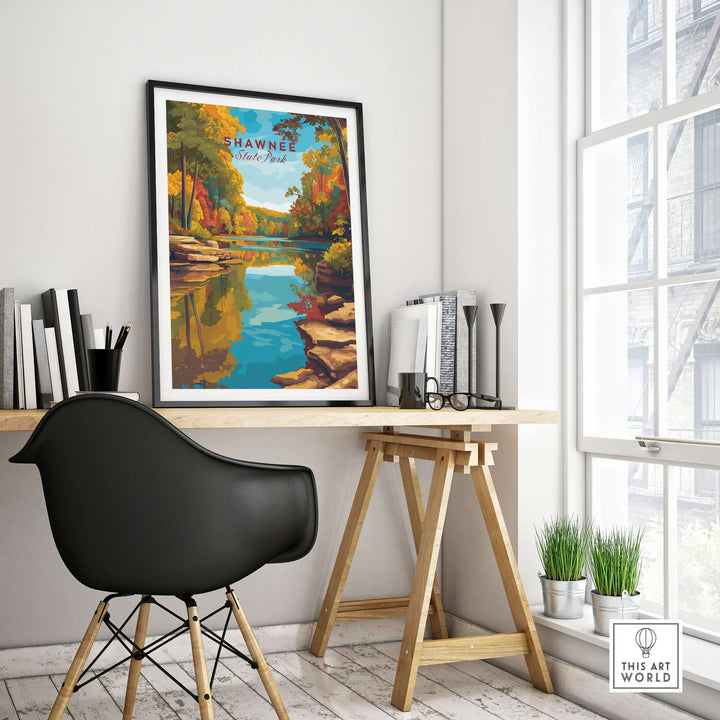 Shawnee State Park Ohio Fall Forest Lake Print showcasing autumn foliage and serene reflections in a modern home office decor.