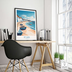 St Ives Cornish Harbor Wall Art - Cornwall Coastal Travel Destination Decor showcased in a stylish interior setting.