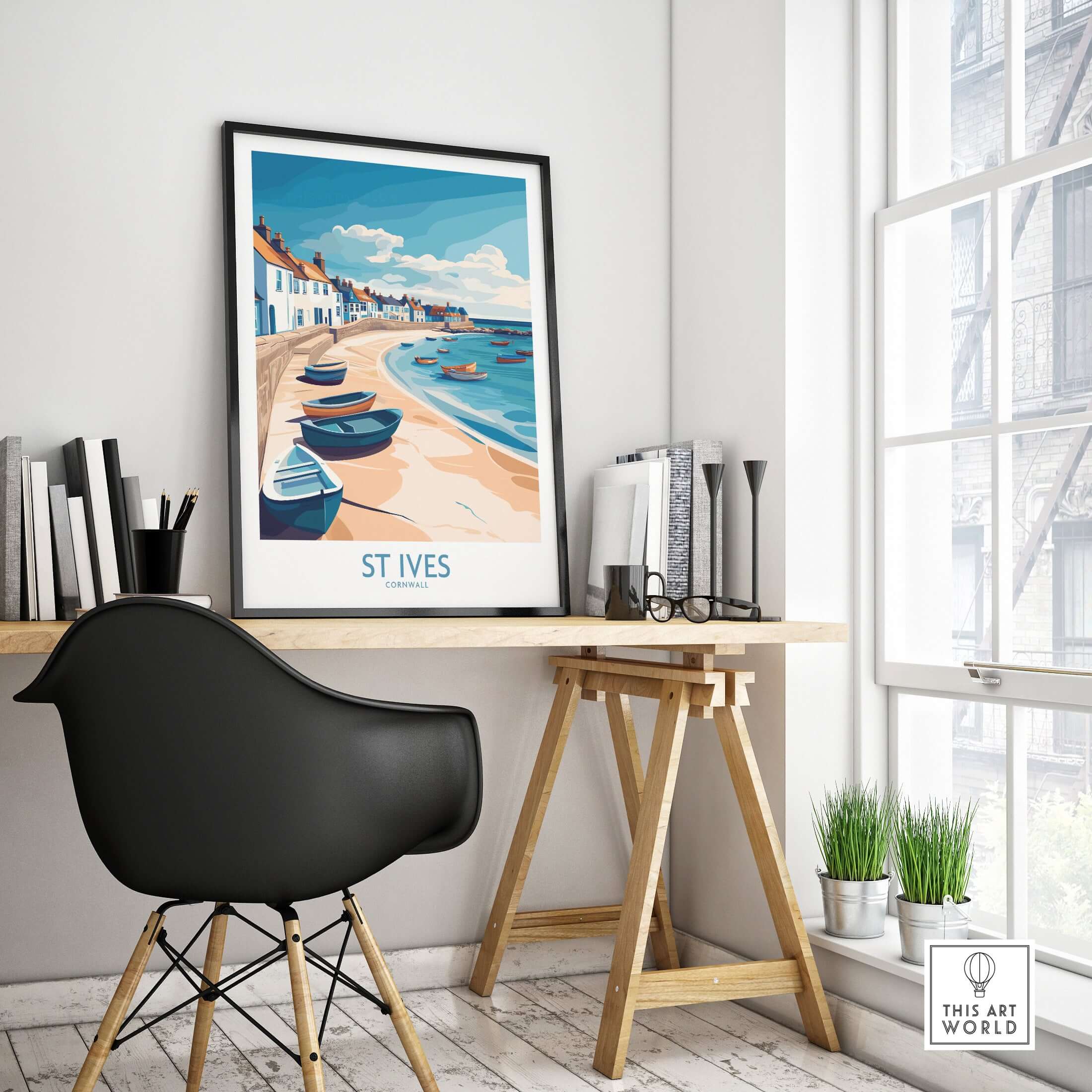 St Ives Cornish Harbor Wall Art - Cornwall Coastal Travel Destination Decor showcased in a stylish interior setting.