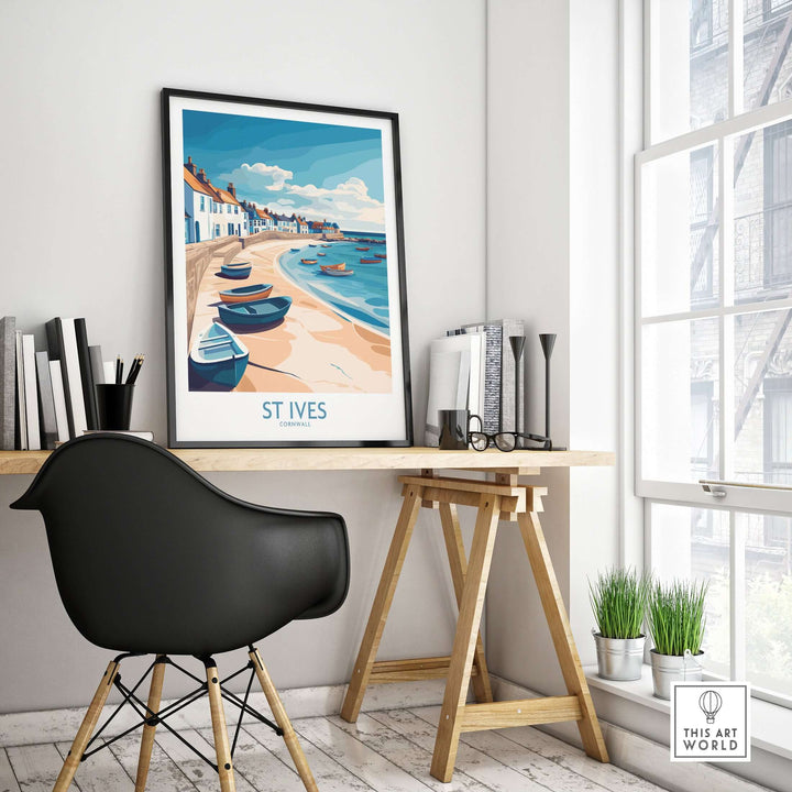 St Ives Cornish harbor wall art displayed in a stylish workspace, capturing coastal charm and vibrant sea life.