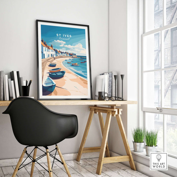 St Ives Beach Boats Seascape Poster in modern interior, showcasing coastal charm and serene beauty of Cornwall.