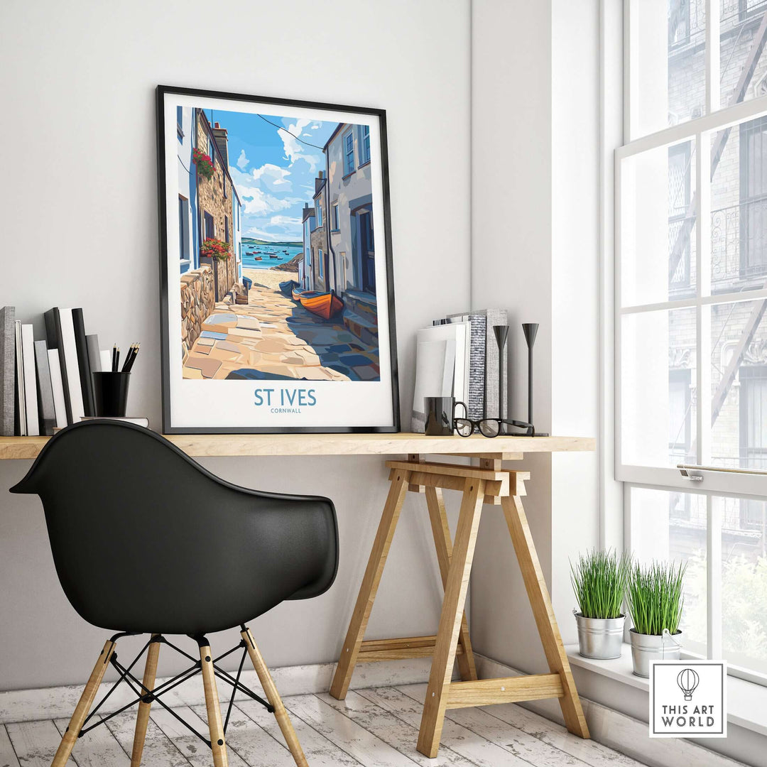 St Ives Cornwall wall art depicting harbor boats in a cozy coastal village setting, perfect for seaside decor.