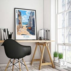 St Ives Cornwall Cornish Village Wall Art - Harbor Boats Decor displayed in a stylish home office setting.