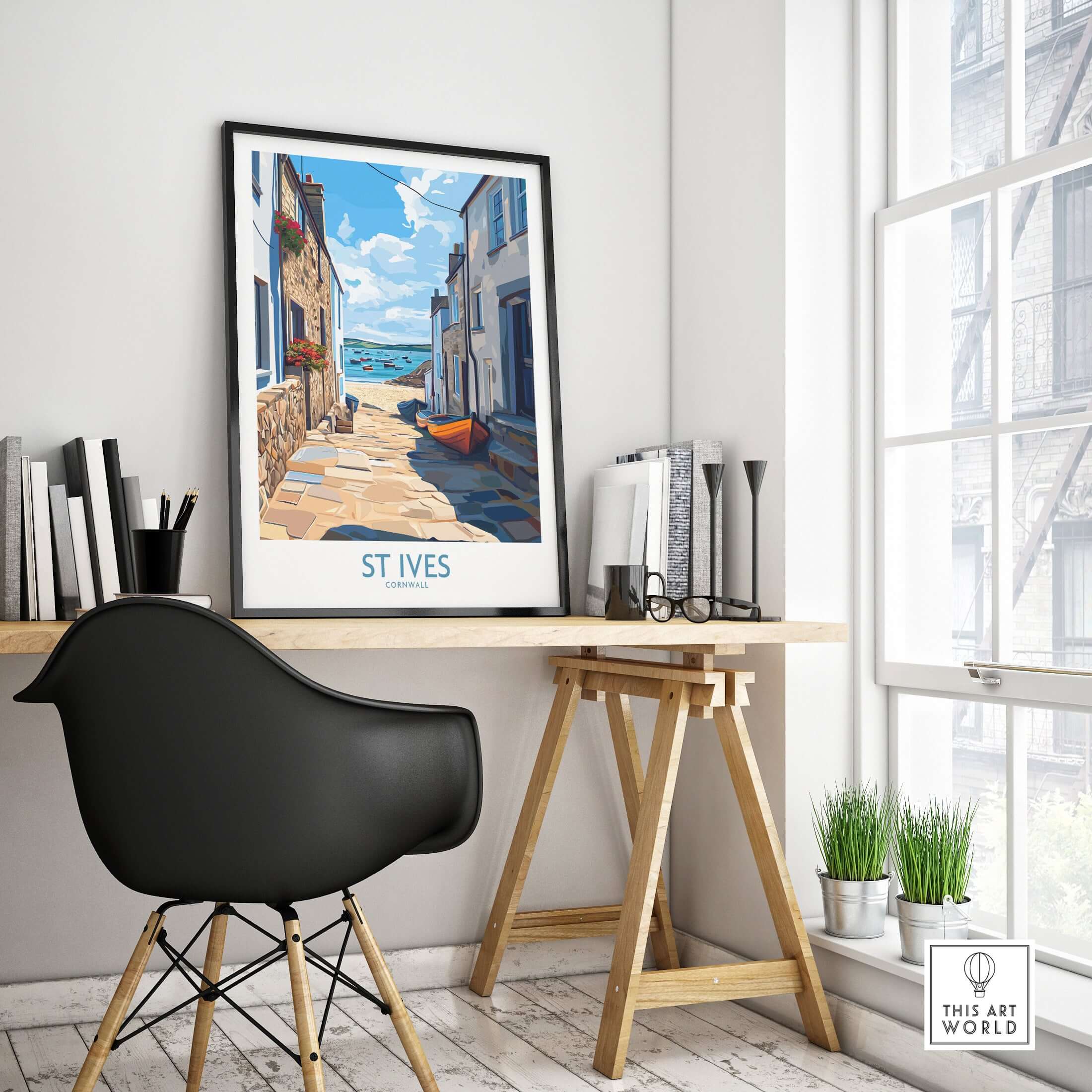 St Ives Cornwall Cornish Village Wall Art - Harbor Boats Decor displayed in a stylish home office setting.