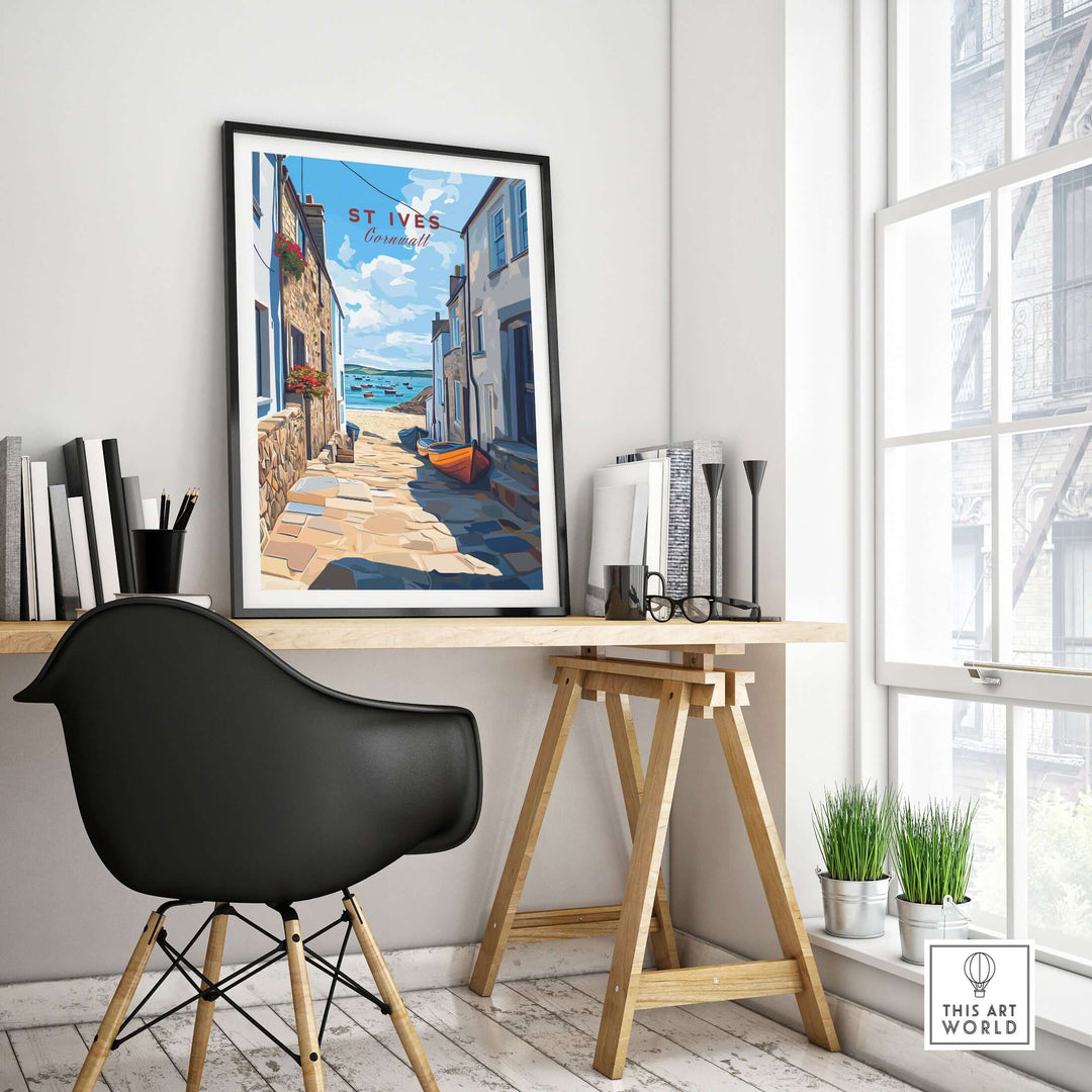 St Ives Cornwall Alleyway Beach View Print showcased in a stylish home office with coastal decor.