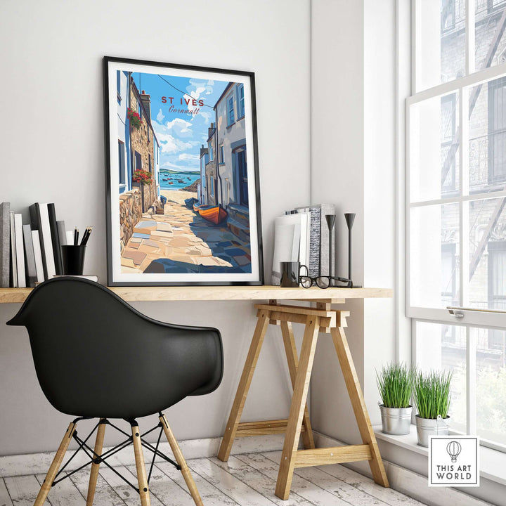 St Ives Cornwall Alleyway Beach View Print showcased in a stylish home office with coastal decor.