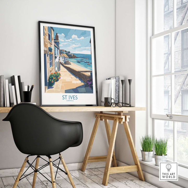 St Ives Cornwall coastal alleyway wall art in a stylish workspace, inspiring wanderlust for travel lovers.