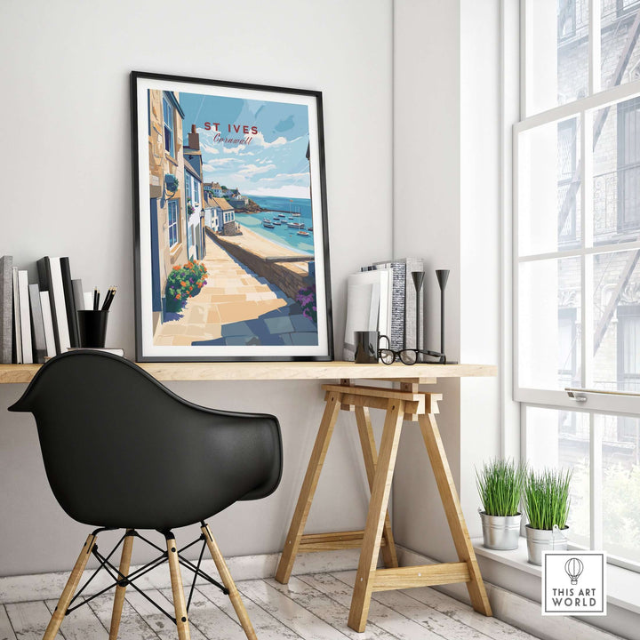 St Ives Cornwall stone steps beach poster framed on a wall in a modern workspace, showcasing coastal charm.