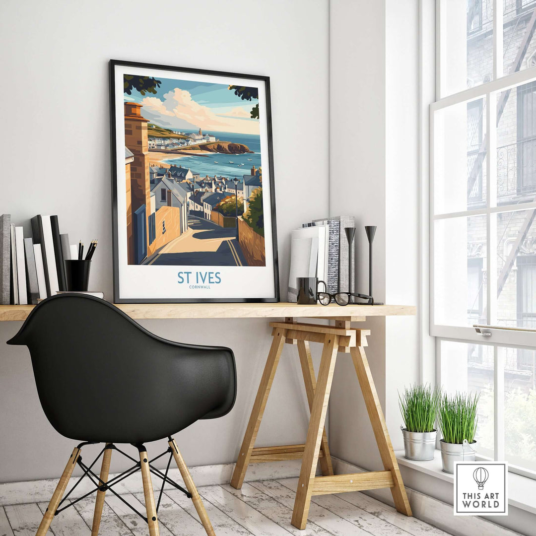 St Ives Cornwall seaside street poster framed in a modern workspace showcasing coastal village charm.