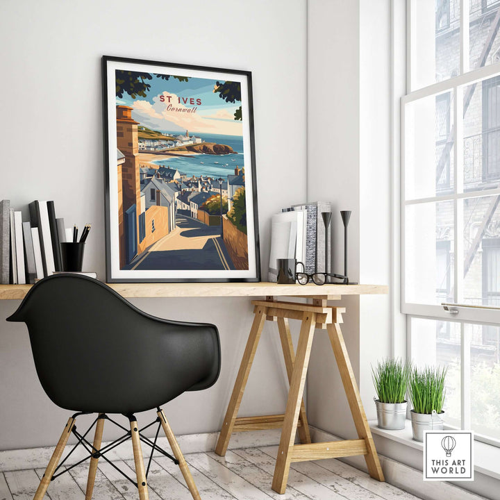 St Ives Across the Rooftops view print on wall, showcasing a coastal village scene with rooftops and ocean.