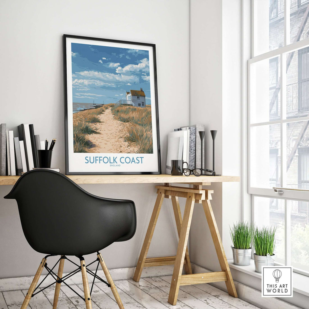 Suffolk Coast England poster showcasing a serene shoreline, perfect for travel decor in a modern workspace setting.